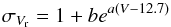 \begin{equation} \sigma_{V_{\rm r}} = 1 + be^{a\left(V-12.7\right)} \label{eq:SigmaVR} \end{equation}