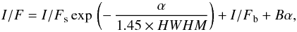 Mathematical equation: \begin{equation} {I/F}= {I/F}_{\rm s} \exp\,\left(-\,\frac{\alpha}{1.45 \times HWHM}\right)+ {I/F}_{\rm b}+ B \alpha , \label{equ} \end{equation}