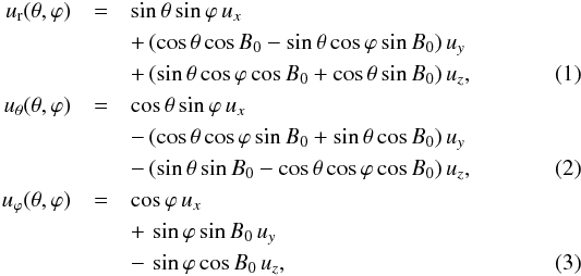 \begin{eqnarray} u_{\rm r}(\theta,\varphi) & =& \sin\theta \sin\varphi\, u_{x} \nonumber\\ && +\,(\cos \theta \cos B_0 - \sin \theta \cos \varphi \sin B_0)\, u_{y}\nonumber\\ && +\,(\sin \theta \cos \varphi \cos B_0 + \cos \theta \sin B_0)\, u_{z},\label{ur}\\ u_\theta(\theta,\varphi) &=& \cos\theta \sin\varphi \, u_{x} \nonumber\\ && -\,(\cos \theta \cos \varphi \sin B_0 + \sin \theta \cos B_0 )\, u_{y} \nonumber\\ && -\,(\sin \theta \sin B_0 - \cos \theta \cos \varphi \cos B_0 ) \, u_{z},\label{utheta} \\ u_\varphi(\theta,\varphi) &=& \cos \varphi\, u_{x} \nonumber\\ && +\,\sin \varphi \sin B_0 \, u_{y} \nonumber\\ && -\,\sin \varphi \cos B_0 \, u_{z},\label{uphi} \end{eqnarray}