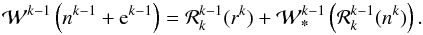 \begin{equation} \mathcal{W}^{k-1} \left(n^{k-1} + {\rm e}^{k-1}\right) = \mathcal{R}^{k-1}_{k} ( r^{k} ) + \mathcal{W}^{k-1}_{\textbf{*}} \left( \mathcal{R}^{k-1}_{k} (n^{k}) \right). \label{coarse_eq} \end{equation}