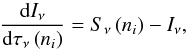 \begin{equation} \frac{\dd I_{\nu}}{\dd \tau_{\nu} \left(n_i\right) } = S_{\nu}\left(n_i\right) - I_{\nu}, \label{transfer_equation} \end{equation}