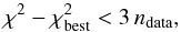 Mathematical equation: \begin{equation} \chi^2 - \chi^2_{\rm best} < 3\,n_{\rm data} , \end{equation}