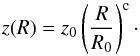 Mathematical equation: \begin{equation} z(R) = z_0\left(\frac{R}{R_0}\right)^{\rm c} \cdot \end{equation}