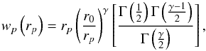 Mathematical equation: \begin{equation} w_{p}\left(r_{p}\right)=r_{p}\left(\frac{r_{0}}{r_{p}}\right)^{\gamma}\left[\frac{\Gamma\left(\frac{1}{2}\right)\Gamma\left(\frac{\gamma-1}{2}\right)}{\Gamma\left(\frac{\gamma}{2}\right)}\right], \label{eq:power-law} \end{equation}