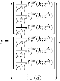 Mathematical equation: \begin{equation} y= \begin{pmatrix} \begin{bmatrix} \frac{1}{\left(\sigma^{d_1}_x\right)^2} \tilde v_x^{\rm inv}(\vec k; z^{d_1})\\ \frac{1}{\left(\sigma^{d_1}_y\right)^2} \tilde v_y^{\rm inv}(\vec k; z^{d_1})\\ \frac{1}{\left(\sigma^{d_1}_z\right)^2} \tilde v_z^{\rm inv}(\vec k; z^{d_1})\\ \end{bmatrix}\\ \vdots \downarrow (d) \end{pmatrix}, \end{equation}
