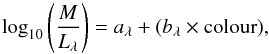 Mathematical equation: \begin{equation} \log_{10}\left(\frac{M}{L_{\lambda}} \right) = a_{\lambda} + (b_{\lambda} \times \text{colour} ), \end{equation}