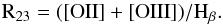 Mathematical equation: \begin{equation} \text{R}_{23} = ([\text{OII}] + [\text{OIII}])/\text{H}_{\beta}. \end{equation}