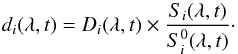 Mathematical equation: \begin{equation} \label{eq-deg2} d_{i}(\lambda,t) = D_{i}(\lambda,t) \times \frac{S_{i}(\lambda,t)}{S^{0}_{i}(\lambda,t)}\cdot \end{equation}
