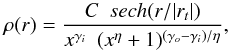 Mathematical equation: \begin{equation} \rho(r) = \frac{C~~sech(r/|r_t|)}{x^{\gamma_i}~~(x^\eta +1)^{(\gamma_{o} - \gamma_{i})/\eta}}, \label{eq:halodens} \end{equation}