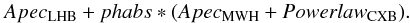 Mathematical equation: \begin{equation} Apec_{\rm LHB}+phabs*(Apec_{\rm MWH}+Powerlaw_{\rm CXB}). \end{equation}