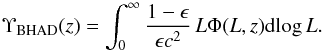 Mathematical equation: \begin{equation} \Upsilon_{\rm BHAD}(z)=\int_0^{\infty}\frac{1-\epsilon}{\epsilon c^2}\,L\Phi(L,z){\rm d}\!\log L. \label{s4e0} \end{equation}