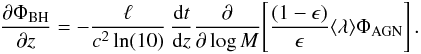 Mathematical equation: \begin{equation} \frac{\partial\Phi_{\rm BH}}{\partial z}= -\frac{\ell}{c^2\ln(10)}\,\frac{{\rm d}t}{{\rm d}z}\frac{\partial}{\partial\log M} \Bigg[\frac{(1-\epsilon)}{\epsilon}\alamb\Phi_{\rm AGN}\Bigg]\,. \label{s2e6} \end{equation}