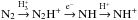 Mathematical equation: \hbox{${\rm N_2} \arrow^{\hthree} \diaz \arrow^{\el} {\rm NH} \arrow^{\hplus} {\rm NH^+}$}