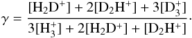 Mathematical equation: \begin{eqnarray*} \gamma=\frac{[\htwod]+2[\dtwoh]+3[\dthree]}{3[\hthree]+2[\htwod]+[\dtwoh]}\cdot \end{eqnarray*}