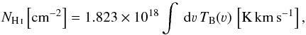Mathematical equation: \begin{equation} N_\ion{H}{i}\left[\mathrm{cm}^{-2}\right] = 1.823\times10^{18}\int~\mathrm{d}\varv\,T_\mathrm{B}(\varv)\,\left[\mathrm{K\,km\,s}^{-1}\right],\label{eq:coldens} \end{equation}