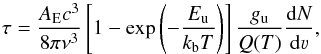 Mathematical equation: \begin{equation} \tau = \frac{A_\mathrm{E}c^3}{8\pi \nu^3} \left[1-\exp{\left(-\frac{E_\mathrm{u}}{k_\mathrm{b}T}\right)}\right] \frac{g_{\mathrm{u}}}{Q(T)}\frac{{\rm d}N}{{\rm d}\varv}, \end{equation}