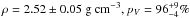 Mathematical equation: \hbox{$\rho = 2.52 \pm 0.05~\mathrm{g~cm^{-3}}, p_{V} = 96^{+9}_{-4}\%$}