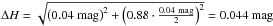 Mathematical equation: \hbox{$\mathrm{\Delta} H = \sqrt{\left(0.04~\mathrm{mag}\right)^2 + \left(0.88 \cdot \frac{0.04~\mathrm{mag}}{2} \right)^2} = 0.044~\mathrm{mag}$}