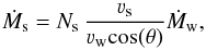 Mathematical equation: \begin{equation} \dot{M}_{\mathrm{s}}=N_{\mathrm{s}}\,\frac{\varv_{\mathrm{s}}}{\varv_{\mathrm{w}}\mathrm{cos}(\theta)}\dot{M}_{\mathrm{w}}, \end{equation}