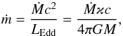 Mathematical equation: \begin{equation} \label{E:mdot} \mdot = \dfrac{\dot{M}c^2}{L_{\rm Edd}} = \dfrac{\dot{M} \varkappa c}{4\pi GM}, \end{equation}