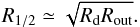Mathematical equation: \begin{equation} R_{1/2}\simeq \sqrt{R_{\rm d} R_{\rm out}} . \end{equation}