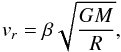 Mathematical equation: \begin{equation} v_r = \beta \sqrt{\dfrac{GM}{R}}, \end{equation}