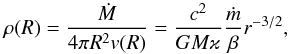 Mathematical equation: \begin{equation} \displaystyle \rho(R) = \frac{\dot{M}}{4\pi R^2 v(R)} = \dfrac{c^2}{GM\varkappa} \frac{\mdot}{\beta} r^{-3/2}, \end{equation}