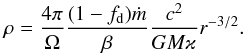 Mathematical equation: \begin{equation} \label{E:rho} \rho = \dfrac{4\pi }{\Omega} \dfrac{ (1-f_{\rm d}) \mdot}{\beta} \dfrac{c^2}{GM\varkappa} r^{-3/2}. \end{equation}
