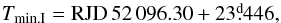Mathematical equation: \begin{equation} T_{\rm min.I} = {\rm RJD}\, 52\,096.30 + 23\fd446 , \end{equation}