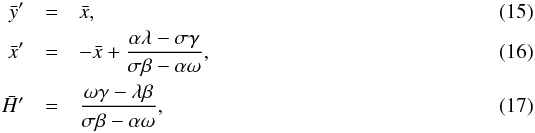 Mathematical equation: \begin{eqnarray} \y' &=& \x, \\ \x' &=&-\x + \frac{\alpha\lambda - \sigma\gamma}{\sigma\beta - \alpha\omega}, \label{eq:dpi}\\ \h' &=& \frac{\omega\gamma - \lambda\beta}{\sigma\beta - \alpha\omega}, \label{eq:dh} \end{eqnarray}