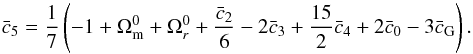 Mathematical equation: \begin{equation} \label{eq:c5} \bar c_5 = \frac{1}{7}\left(-1+\Omega_{\rm m}^0 + \Omega_r^0 + \frac{\bar c_2}{6} - 2 \bar c_3 + \frac{15}{2} \bar c_4 + 2\bar c_0 - 3\bar c_{\rm G}\right) . \end{equation}