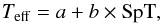 Mathematical equation: \begin{equation} T_\mathrm{eff} = a + b \times \mathrm{SpT}, \label{eq:1} \end{equation}