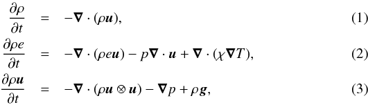 Mathematical equation: \begin{eqnarray} \frac{\partial \rho}{\partial t} &=& - \vec \nabla \cdot (\rho \vec u),\label{eq:cons1}\\ \frac{\partial \rho e}{\partial t} &=& -\vec \nabla \cdot (\rho e \vec u) - p\vec \nabla \cdot \vec u + \vec \nabla \cdot (\chi \vec \nabla T),\label{eq:cons2}\\ \frac{\partial \rho \vec u}{\partial t} &=& - \vec \nabla \cdot (\rho \vec u\otimes \vec u)-\vec \nabla p + \rho \vec g\label{eq:cons3}, \end{eqnarray}