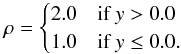 Mathematical equation: \begin{equation} \rho = \begin{cases} 2.0 &\mbox{if } y > 0.0 \\ 1.0 &\mbox{if } y \le 0.0.\end{cases} \end{equation}