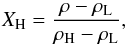 Mathematical equation: \begin{equation} \label{eq:rho_mix} X_{\mathrm{H}} = \frac{\rho - \rho_{\mathrm{L}}}{\rho_{\mathrm{H}} - \rho_{\mathrm{L}}}, \end{equation}