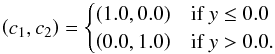 Mathematical equation: \begin{equation} \left(c_1,c_2\right) = \begin{cases} \left(1.0,0.0\right) &\mbox{if } y \le 0.0 \\ \left(0.0,1.0\right) &\mbox{if } y > 0.0. \end{cases} \end{equation}
