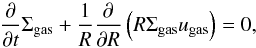 Mathematical equation: \begin{equation} \frac{\partial}{\partial t} \Sigma_\mathrm{gas} + \frac{1}{R} \frac{\partial}{\partial R} \left( R \Sigma_\mathrm{gas} u_\mathrm{gas} \right) = 0, \label{eqnGasCont} \end{equation}