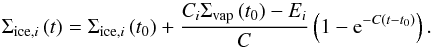 Mathematical equation: \begin{equation} \Sigma_{\mathrm{ice},i} \left( t \right) = \Sigma_{\mathrm{ice},i} \left( t_0 \right) + \frac{C_i \Sigma_\mathrm{vap} \left( t_0 \right)-E_i}{C} \left( 1-{\rm e}^{-C\left( t-t_0 \right)} \right). \label{eqnSigmaIceAnal} \end{equation}