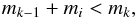 Mathematical equation: \appendix \setcounter{section}{1} \begin{equation} m_{k-1} + m_i < m_k , \end{equation}