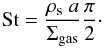 Mathematical equation: \begin{equation} \mathrm{St} = \frac{\rho_\mathrm{s}\ a}{\Sigma_\mathrm{gas}}\frac{\pi}{2}\cdot \end{equation}