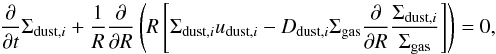 Mathematical equation: \begin{equation} \frac{\partial}{\partial t} \Sigma_{\mathrm{dust},i} + \frac{1}{R} \frac{\partial}{\partial R} \left( R \left[ \Sigma_{\mathrm{dust},i} u_{\mathrm{dust},i} - D_{\mathrm{dust},i} \Sigma_\mathrm{gas} \frac{\partial}{\partial R} \frac{\Sigma_{\mathrm{dust},i}}{\Sigma_\mathrm{gas}} \right] \right) = 0, \label{eqnDustCont} \end{equation}