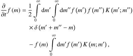 Mathematical equation: \begin{eqnarray} \begin{split} \frac{\partial}{\partial t} f \left( m \right) =\ & \frac{1}{2} \int\limits_0^\infty \mathrm{d}m' \int\limits_0^\infty \mathrm{d}m'' f \left( m' \right) f \left( m'' \right) K \left( m'; m'' \right) \\ & \times \delta \left( m' + m'' - m \right) \\ & - f \left( m \right) \int\limits_0^\infty \mathrm{d}m' f \left( m' \right) K \left( m; m' \right), \end{split} \label{eqnSmolu1D} \end{eqnarray}