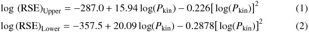 Mathematical equation: \begin{eqnarray} \label{up} &&\log\,\mathrm{(RSE)}_\mathrm{Upper} = -287.0 + 15.94\log(P_\mathrm{kin}) - 0.226\big[\log(P_\mathrm{kin})\big]^2 ~~~~~~~~~~~~~~~~~~~\\\label{low} &&\log\mathrm{(RSE)}_\mathrm{Lower} = -357.5 + 20.09\log(P_\mathrm{kin}) - 0.2878\big[\log(P_\mathrm{kin})\big]^2 \end{eqnarray}