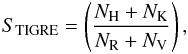Mathematical equation: \begin{eqnarray} \label{sindex_tigre} S_{\rm{TIGRE}} = \left( \frac{N_{\rm H}+N_{\rm K}}{N_{\rm R}+N_{\rm V}} \right), \end{eqnarray}