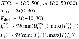 Mathematical equation: \begin{eqnarray} &&\gdr\ \sim \mathcal{U}(0,500) \mbox{ or } \mathcal{U}(0,50\,000) \notag\\ &&\aco \sim \mathcal{U}(0,30)\notag\\ &&\kdark \sim \mathcal{U}(-10,30)\notag\\ &&\icoi^{\rm true} \sim \mathcal{U}(\mathrm{min}(\{\icoi^{\rm obs}\}),\mathrm{max}(\{\icoi^{\rm obs}\})) \notag\\ &&\ihii^{\rm true} \sim \mathcal{U}(\mathrm{min}(\{\ihii^{\rm obs}\}),\mathrm{max}(\{\ihii^{\rm obs}\})) \end{eqnarray}