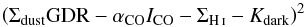 Mathematical equation: \begin{equation} \left( \Sdust\gdr - \aco \ico - \Shi -\kdark \right)^2 \end{equation}
