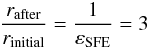 Mathematical equation: \begin{eqnarray*} \frac{r_\mathrm{after}}{r_\mathrm{initial}} = \frac{1}{\varepsilon_\mathrm{SFE}} = 3 \end{eqnarray*}