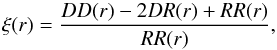 Mathematical equation: \begin{equation} \label{eqn:landy_szalay_est} \xi(r) = \frac{DD(r) - 2DR(r) + RR(r)}{RR(r)} , \end{equation}