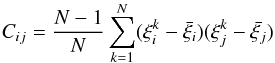 Mathematical equation: \begin{equation} \label{eqn:jackknife} C_{ij} = \frac{N-1}{N}\sum_{k=1}^{N}(\xi_{i}^{k}-\bar{\xi_{i}})(\xi_{j}^{k}-\bar{\xi_{j}}) \end{equation}