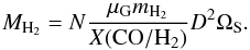 Mathematical equation: \appendix \setcounter{section}{1} \begin{equation} M_{\rm H_2} = N \frac{\mu_{\rm G} m_{\rm H_2}}{X({\rm CO/H_2})} D^2 \Omega_{\rm S}. \end{equation}
